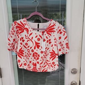 cupcakes & cashmere Floral Blouse Linen Rayon Blend Sz L Puff Sleeve Cropped